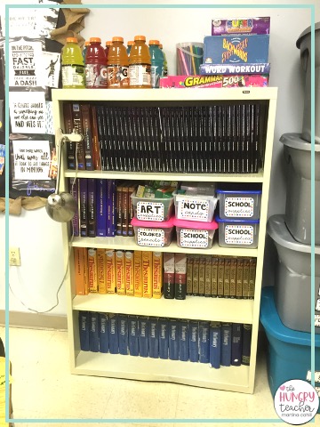 classroom bookshelf for extra storage of teacher supplies
