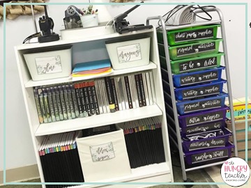 student novels and notebooks organized on classroom booksheves