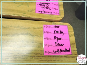 classroom desk tags with student names for each class period