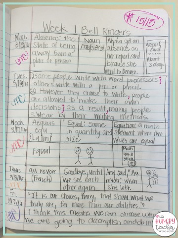 STUDENT EXAMPLE OF MIDDLE SCHOOL ELA BELL RINGERS NOTEBOOK PAGE