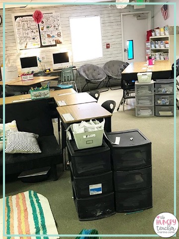 bins for student notebooks in middle school ela classroom