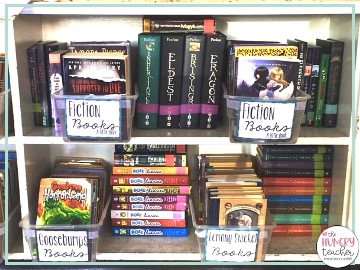 series books in bins in my 6th grade classroom library