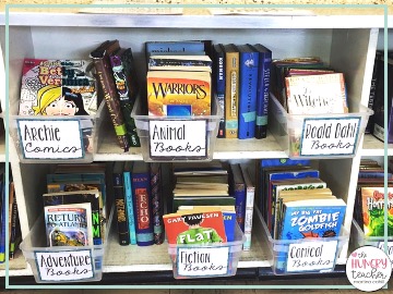 fiction funny and adventure books in genre bins in library