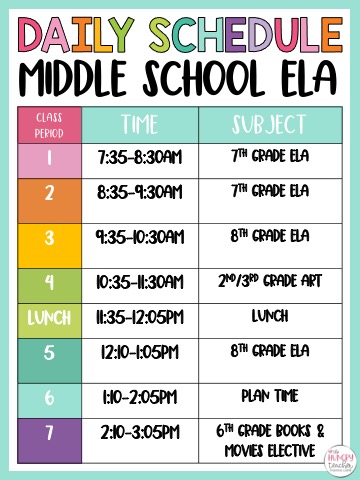 middle school ELA teacher daily class periods schedule