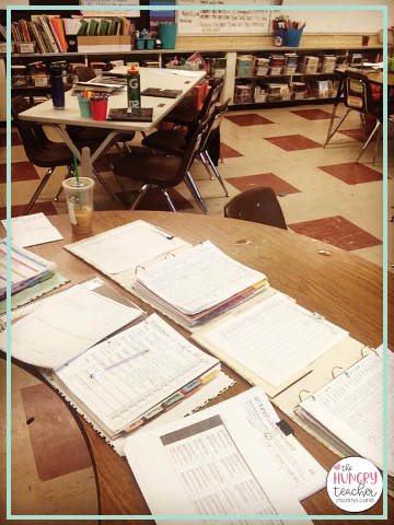 teacher binder materials spread out on desk