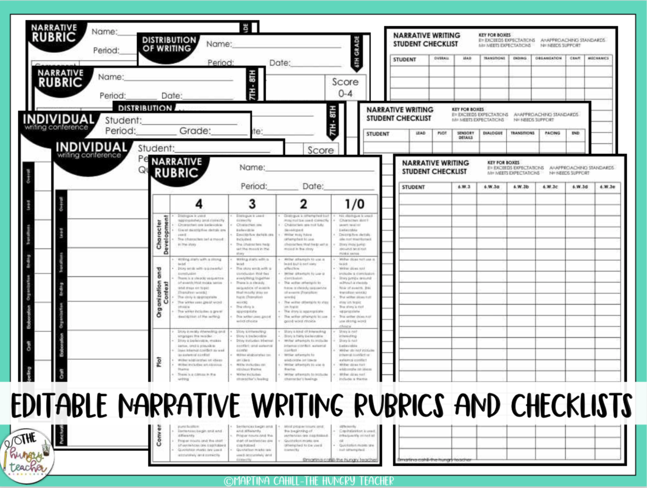 editable narrative essay rubrics and writing conference forms for middle school ELA