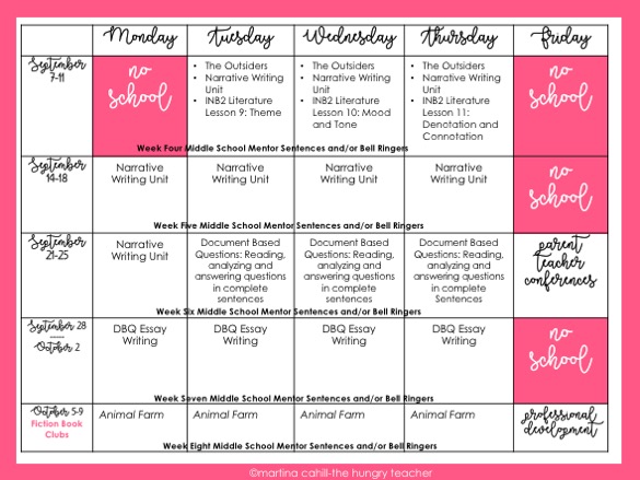 Middle School ELA Schedule | Daily | Weekly | Monthly | Year-Long ...