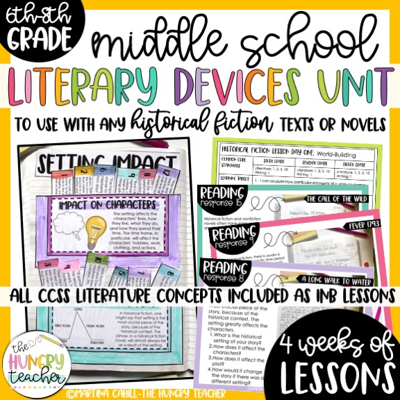 literary devices and historical fiction interactive notebook reading response unit
