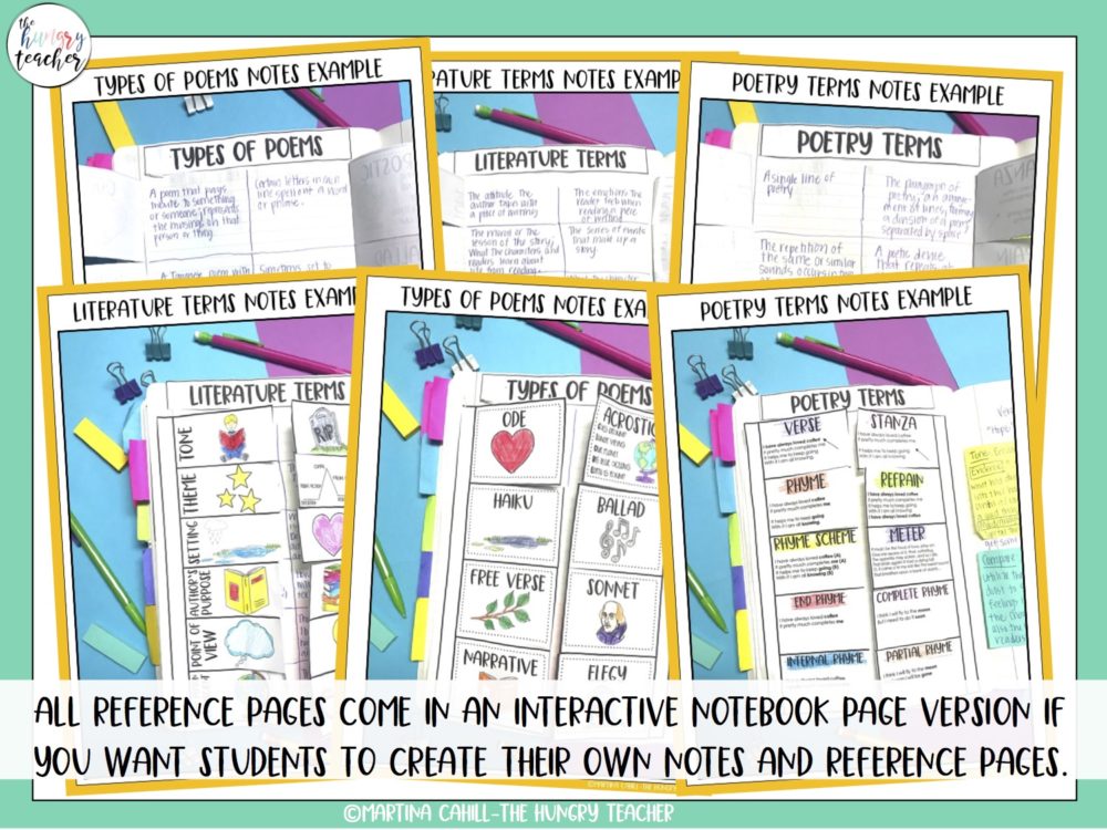 middle school interactive notebook pages poetry terms types of poems and figurative language