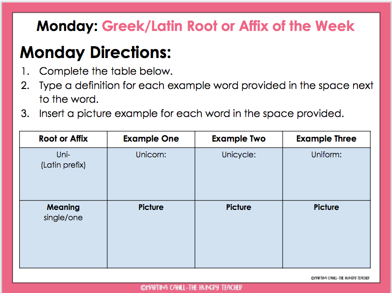Monday Middle School ELA Digital Bell Ringers greek latin root