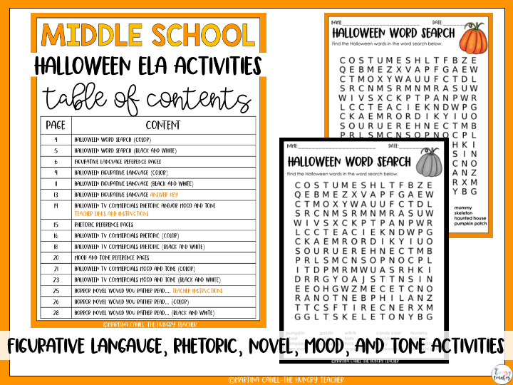 Middle School ELA Halloween Activities The Hungry Teacher