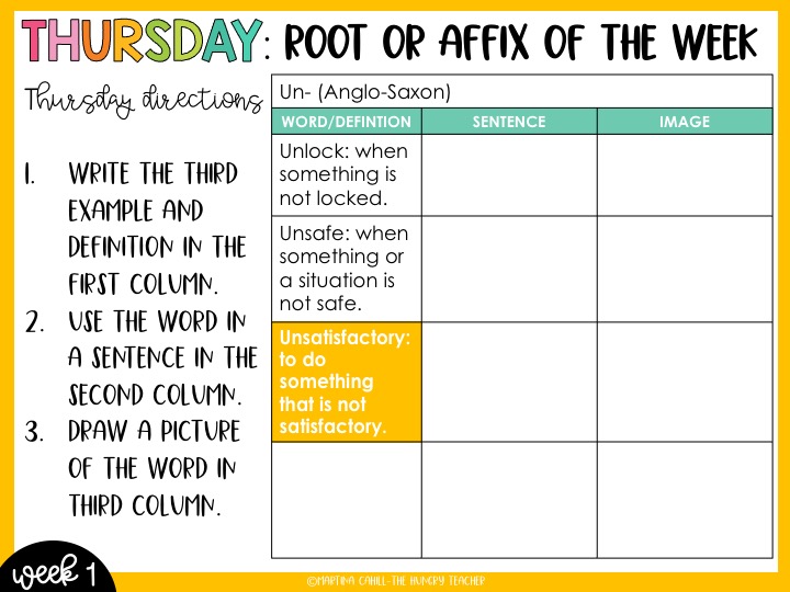 Thursday slide example for root word and affix bell ringers