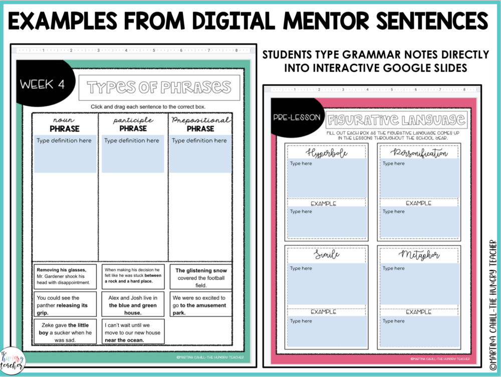 middle school mentor sentences Google Slides digital grammar notebook lessons