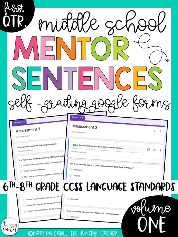 middle school mentor sentences self-grading Google Form grammar assessments