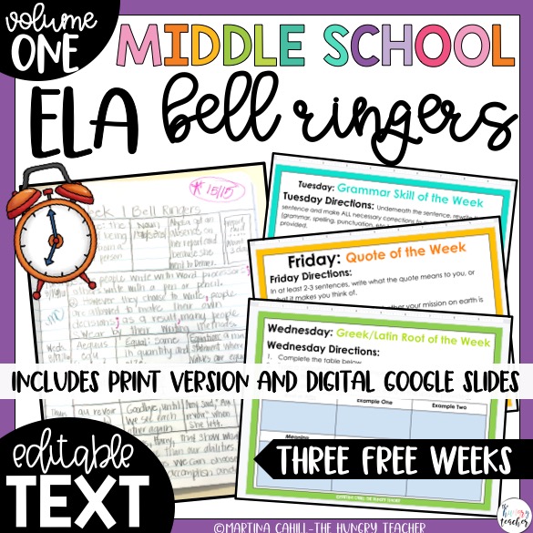 middle school three free weeks of ela bell ringers