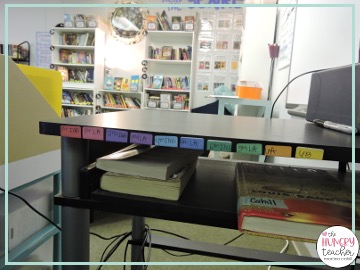 inside teacher desk with class materials