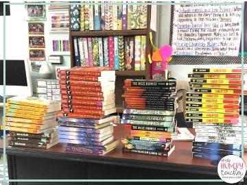 stacks of middle school book club books
