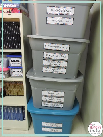 MULTIPLE CLASS SETS OF NOVELS ORGANIZED IN STORAGE BINS
