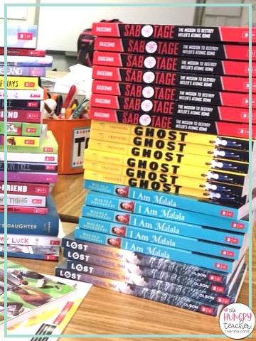 stacks of middle School literature circle books